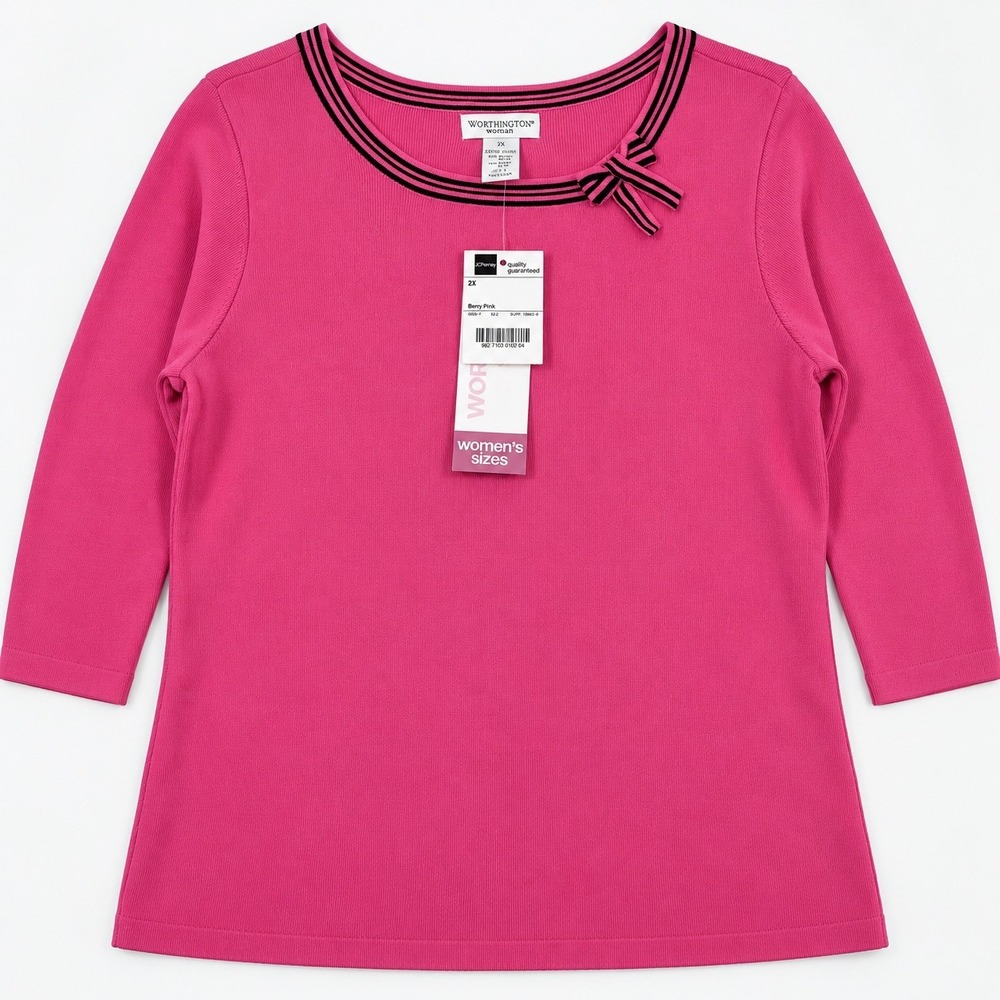 Worthington Woman Top Size 2X Berry Pink Black Bow 3/4 Sleeve Knit NWT